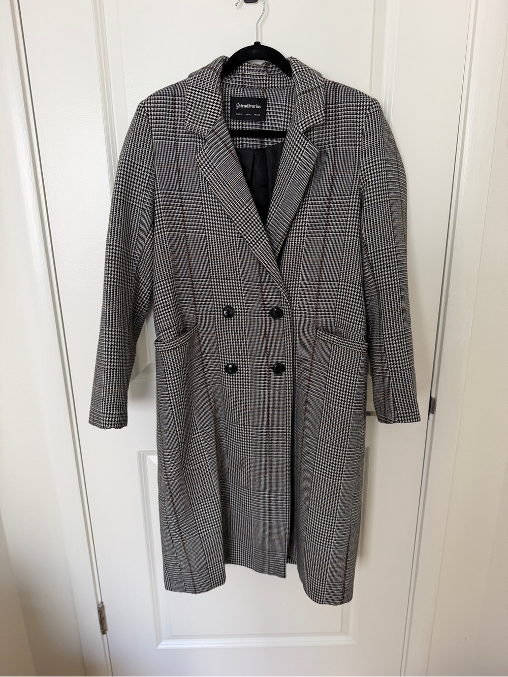 stradivarius Gray Glen Plaid Double-Breasted Trench Coat